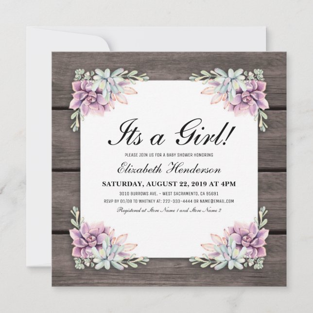 Rustic Watercolor Succulent Floral Baby Shower Invitation (Front)