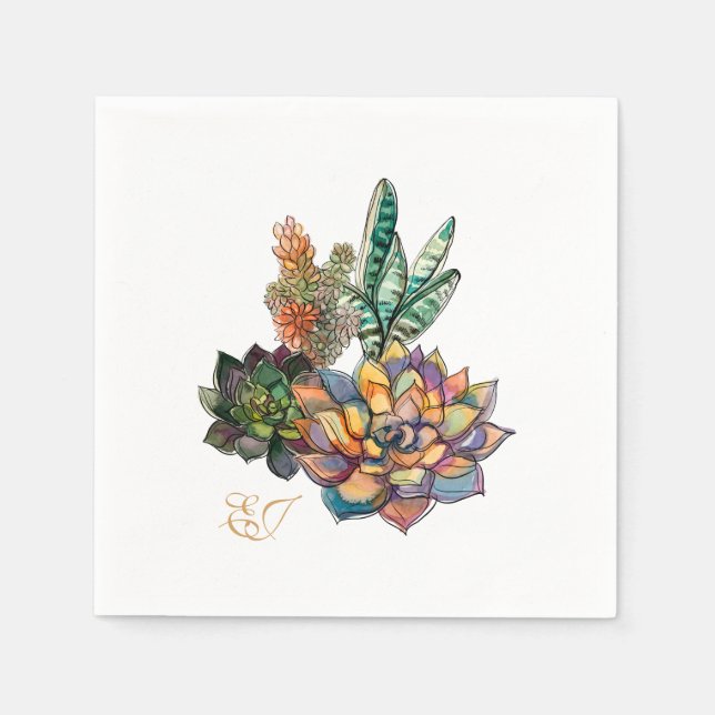 Rustic Watercolor Succulent Initials Napkin (Front)