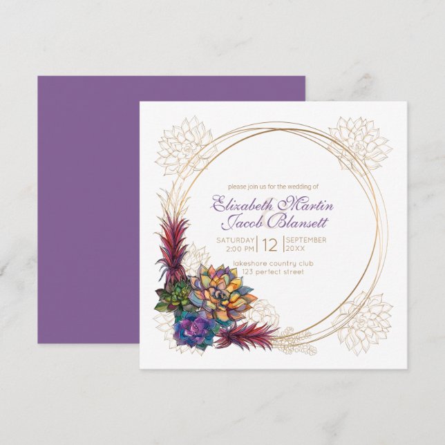 Rustic Watercolor Succulent, lavender Wedding Invitation (Front/Back)