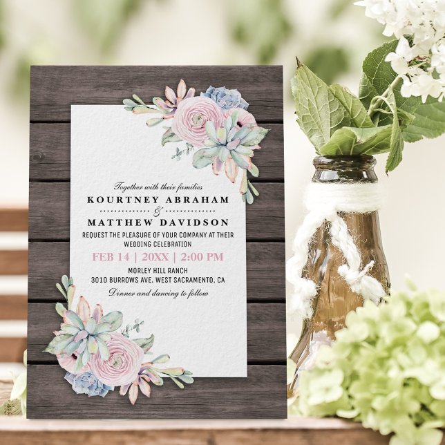 Rustic Watercolor Succulent Peach Pink Wedding Invitation (Creator Uploaded)