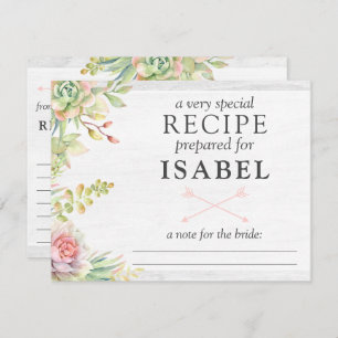 Rustic Watercolor Succulent Recipe Card For Bride