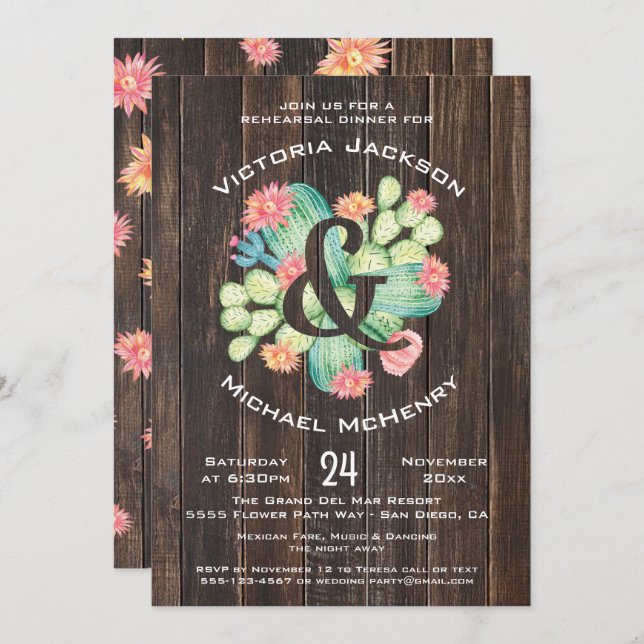 Rustic Watercolor Succulent Rehearsal Dinner Invitation (Front/Back)