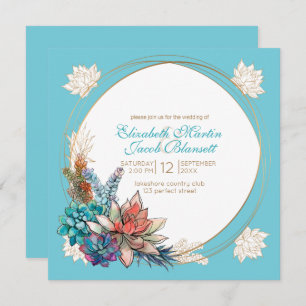 Rustic Watercolor Succulent, teal Wedding Invitation