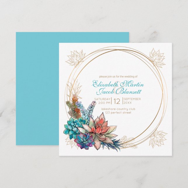 Rustic Watercolor Succulent, teal Wedding Invitation (Front/Back)