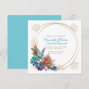 Rustic Watercolor Succulent, teal Wedding Invitation