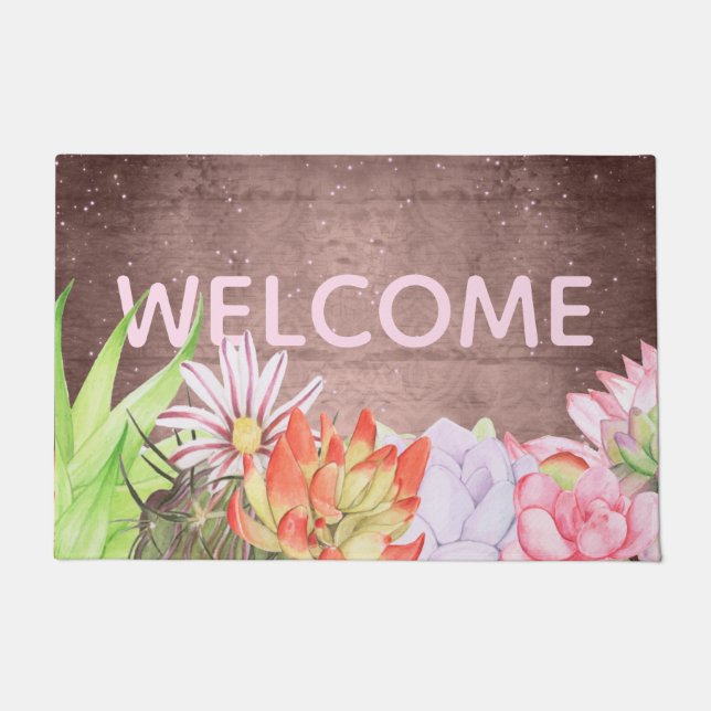 Rustic Watercolor Succulents Doormat (Front)