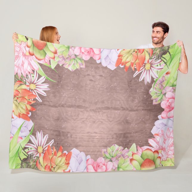 Rustic Watercolor Succulents Fleece Blanket (In Situ)