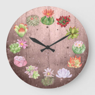 Rustic Watercolor Succulents Large Clock