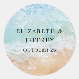 Rustic Watercolor Summer Sea Beach Wedding Classic Round Sticker