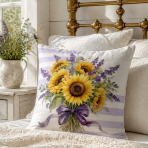 Rustic Watercolor Sunflower and Lavender Bouquet  Cushion