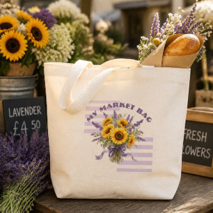 Rustic Watercolor Sunflower and Lavender Bouquet Large Tote Bag
