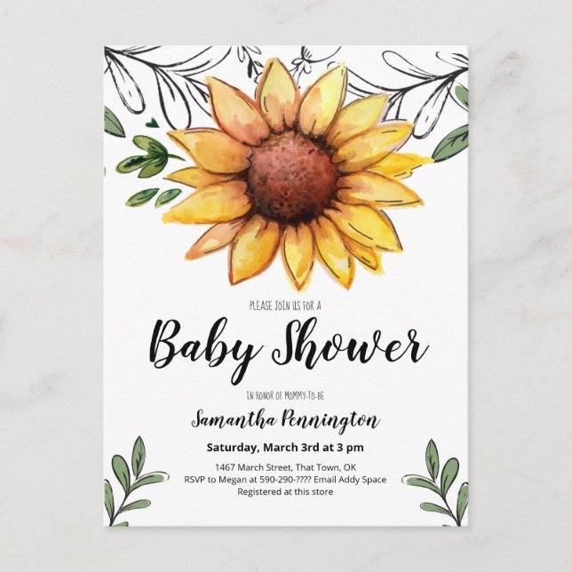 Rustic Watercolor Sunflower Baby Shower Invitation Postcard (Front)