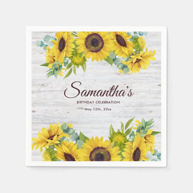 Rustic Watercolor Sunflower Birthday Party  Napkin (Front)