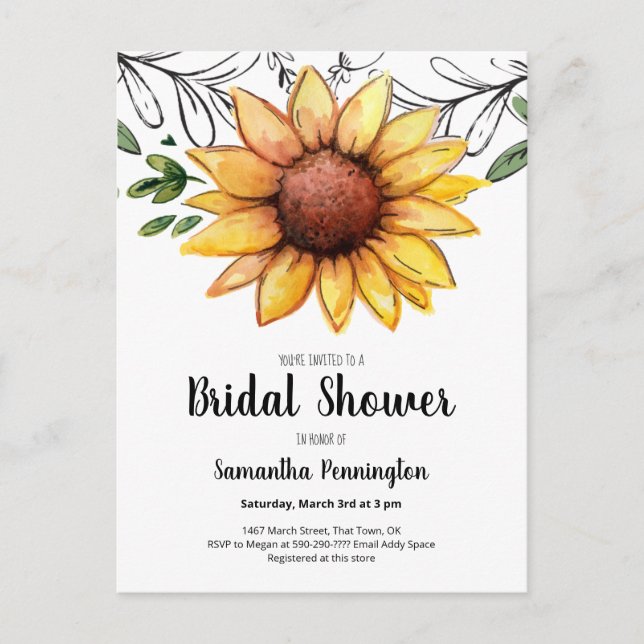 Rustic Watercolor Sunflower Bridal Shower Invitation Postcard (Front)