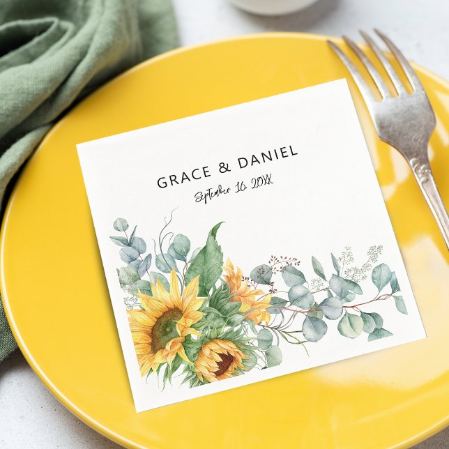 Rustic Watercolor Sunflower Eucalyptus Greenery Napkin (Rustic Watercolor Sunflower Eucalyptus Greenery Napkins)