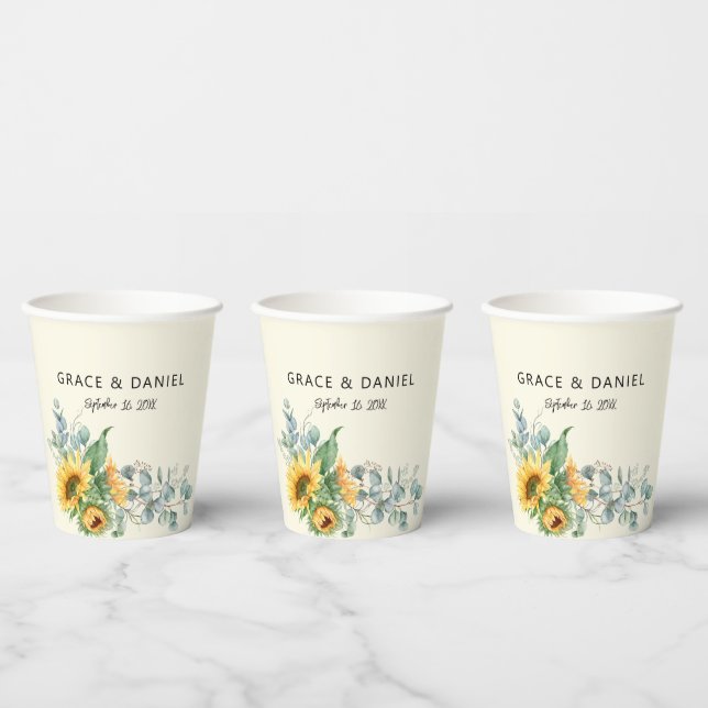 Rustic Watercolor Sunflower Eucalyptus Greenery Paper Cups (Multi)