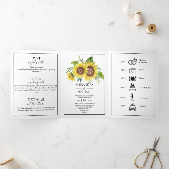 Rustic Watercolor Sunflower Fall Wedding Tri-Fold  (Inside)