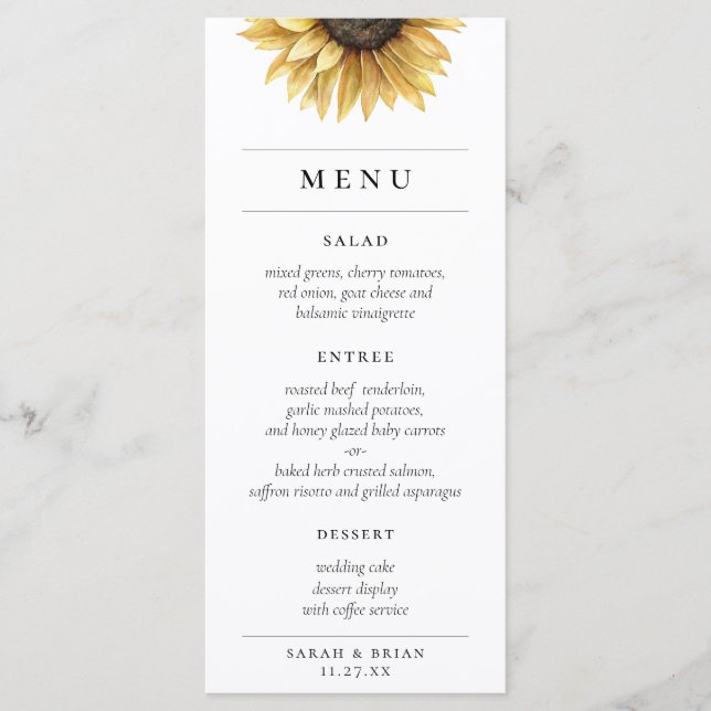 Rustic Watercolor Sunflower Modern Wedding Menu (Front)