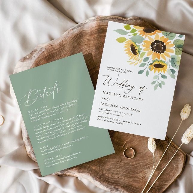 Rustic Watercolor Sunflower Wedding Details Invitation (Creator Uploaded)