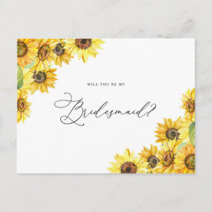 Rustic Watercolor Sunflowers Be My Bridesmaid Postcard