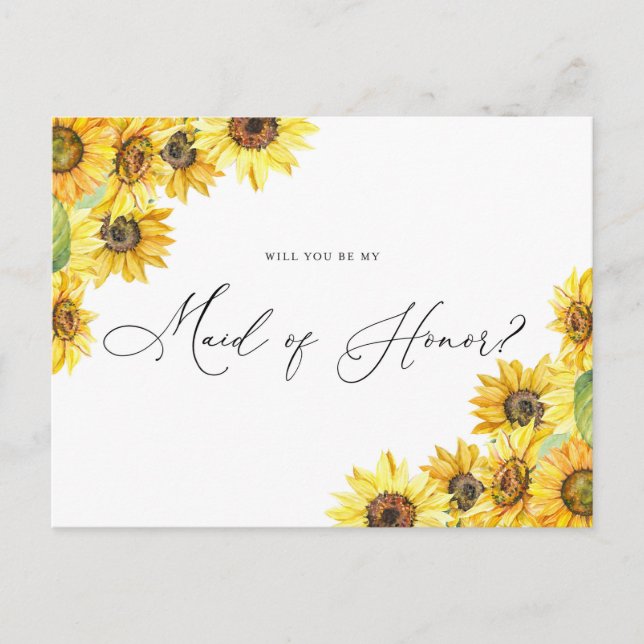 Rustic Watercolor Sunflowers Be My Maid of Honour Postcard (Front)