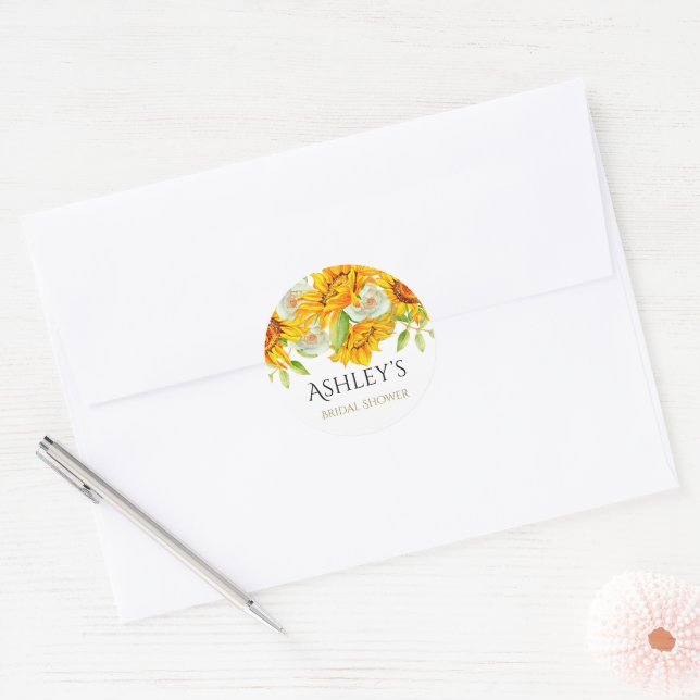 Rustic Watercolor Sunflowers Bridal Shower Classic Round Sticker (Envelope)