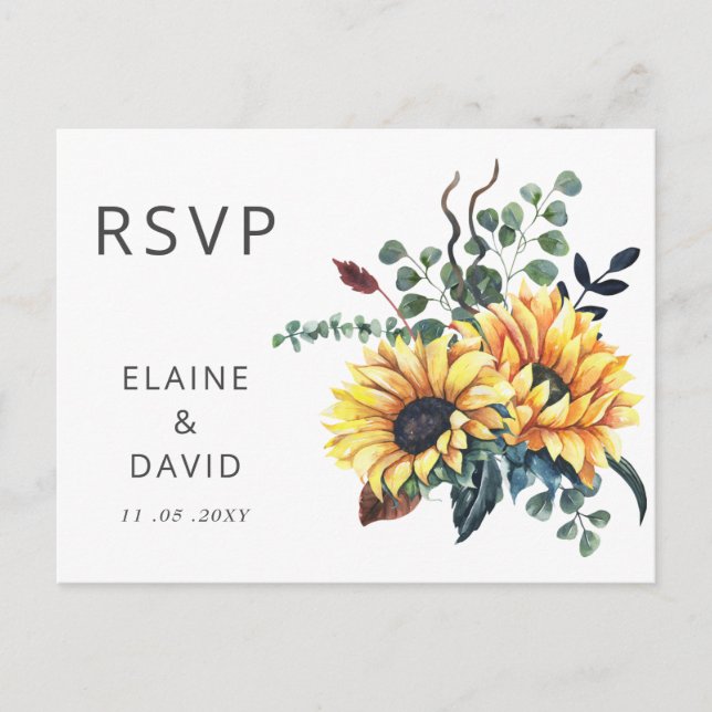 Rustic Watercolor Sunflowers Fall Wedding RSVP Invitation Postcard (Front)