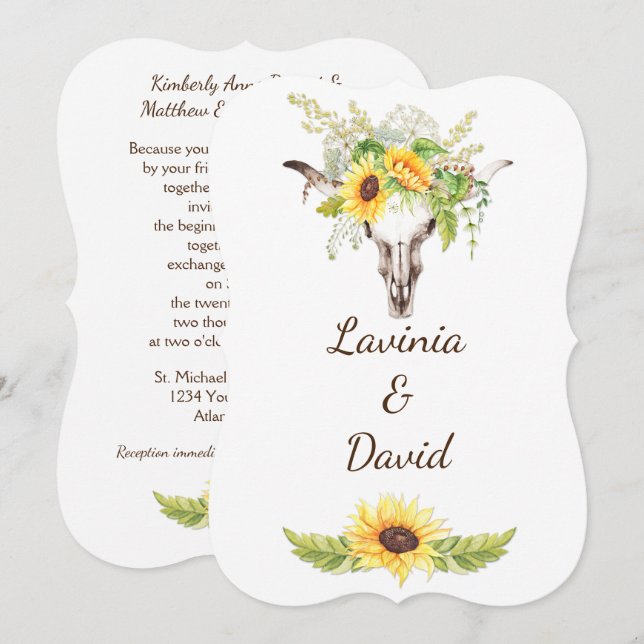 Rustic Watercolor Sunflowers Long Horn Cow Skull Invitation (Front/Back)