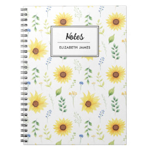 Rustic Watercolor Sunflowers Pattern Personalised Notebook