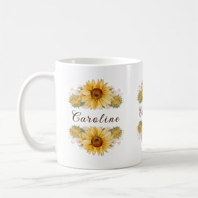 Rustic Watercolor Sunflowers Personalised  Coffee Mug (Left)