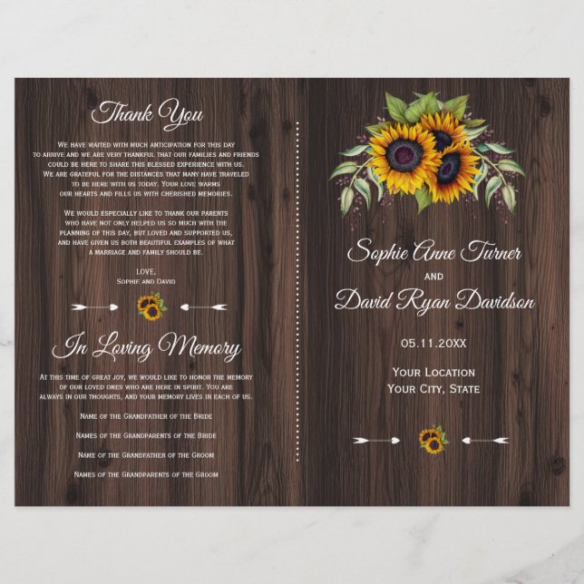Rustic Watercolor Sunflowers Wood Wedding Program (Front)