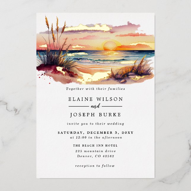 Rustic Watercolor Sunset Beach Seascape Wedding (Front)