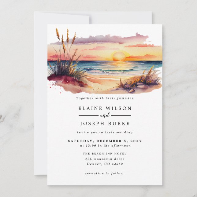 Rustic Watercolor Sunset Beach Seascape Wedding Invitation (Front)