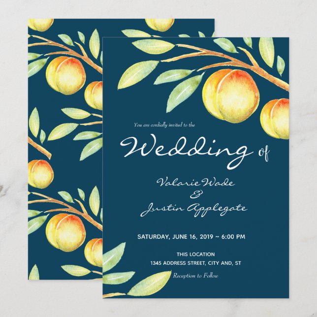 Rustic Watercolor Sweet Peaches Wedding Invitation (Front/Back)