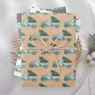 Rustic Watercolor Teal Christmas Truck Wrapping Paper Sheet