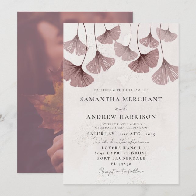 Rustic Watercolor Terracotta Ginkgo Wedding Invitation (Front/Back)