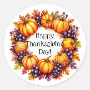 Rustic Watercolor Thanksgiving Pumpkin Wreath Classic Round Sticker