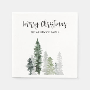 Rustic Watercolor Trees Script Merry Christmas Napkin