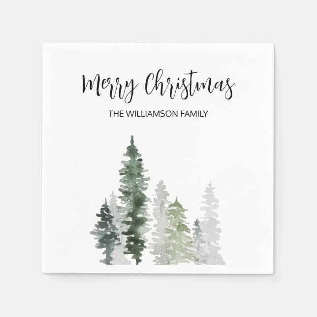 Rustic Watercolor Trees Script Merry Christmas Napkin (Front)