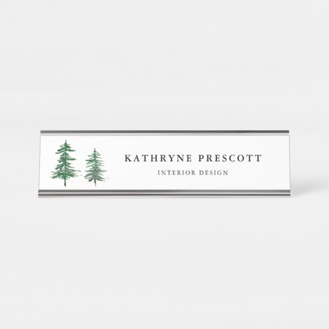 Rustic Watercolor Trees Woodland Personalised Desk Name Plate (Front)