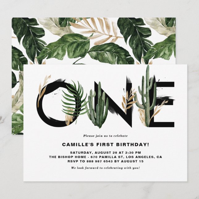 Rustic Watercolor Tropical Leaves First Birthday Invitation (Front/Back)