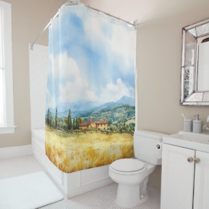 Rustic Watercolor Tuscan Countryside Mediterranean Shower Curtain