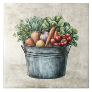 Rustic Watercolor Vegetables in Pail Tile