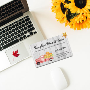 Rustic Watercolor Vintage Truck & Pumpkins Wood   Business Card