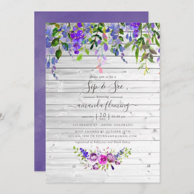 Rustic Watercolor Violet Floral Sip and See Invitation (Front/Back)