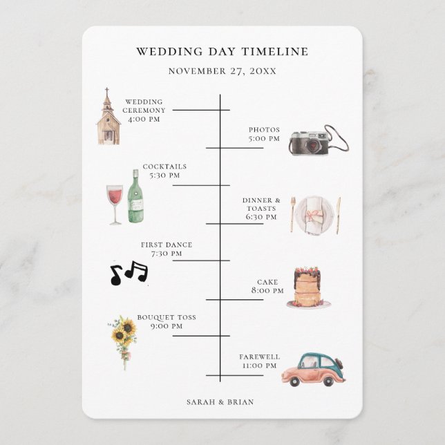 Rustic Watercolor Wedding Day Event Timeline Programme (Front)