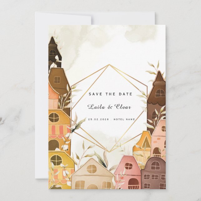 Rustic Watercolor Wedding Invitation  Cosy House (Front)