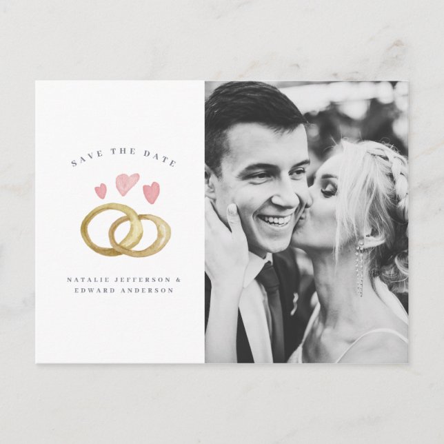 rustic watercolor wedding ring photo save the date postcard (Front)