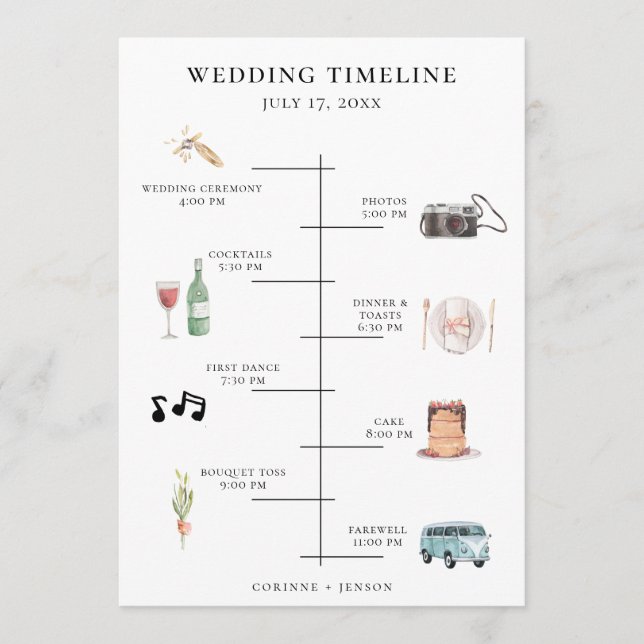 Rustic Watercolor Wedding Timeline Programme (Front)