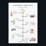 Rustic Watercolor Wedding Timeline Programme<br><div class="desc">Rustic colourful watercolor wedding day elements,  timeline program. Card features church,  camera,  bottle with glass,  plate setting,  music notes,  cake,  bouquet,  and retro car. Backing is a rustic vintage inspired watercolor. Text font style and colour can be customised.</div>